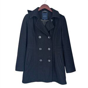 Nautica Black Wool Hooded Peacoat Jacket Double Breasted Winter Coat Old Money